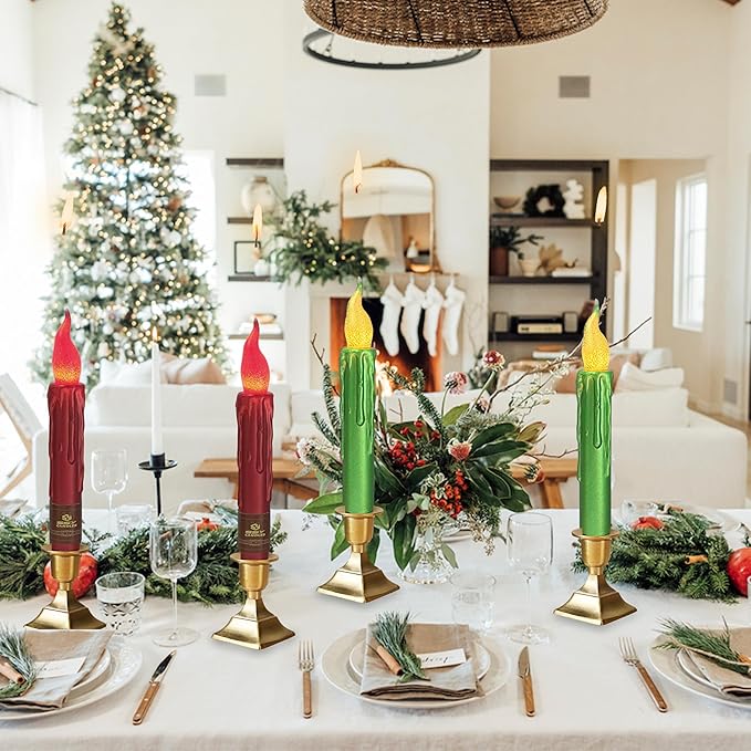 Christmas Metallic Red Green Flameless Short Taper Candles, Hand Dipped LED Battery Operated with Remote, Flickering Flame Lights for Home Décor, 6.7 Inch Primitive Flameless Candles, 4PCS