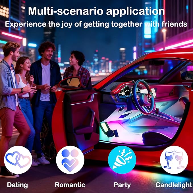 Car LED USB Interior Strip Lights with RF Remote Control, Dream RGB Color Car Ambient Lighting APP Control, Multicolor Footwell Under Dash Chasing Inside Light Kits for Cars ATV Truck, DC12V