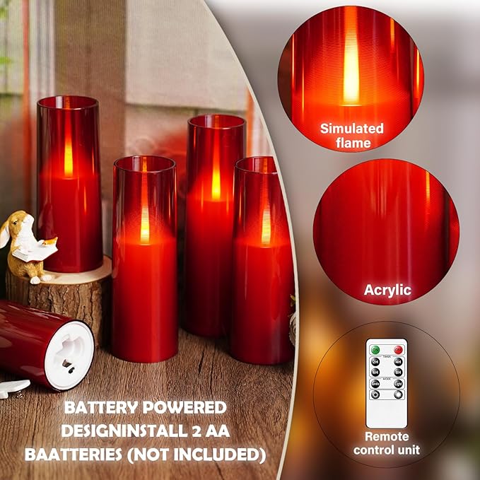 Flameless LED Candles Upgraded Realistic Flickering Flame,7Pcs Battery Operated Candles with Remote Timers,LED Pillar Candles for Home Decor,Christmas,and Parties(Red)