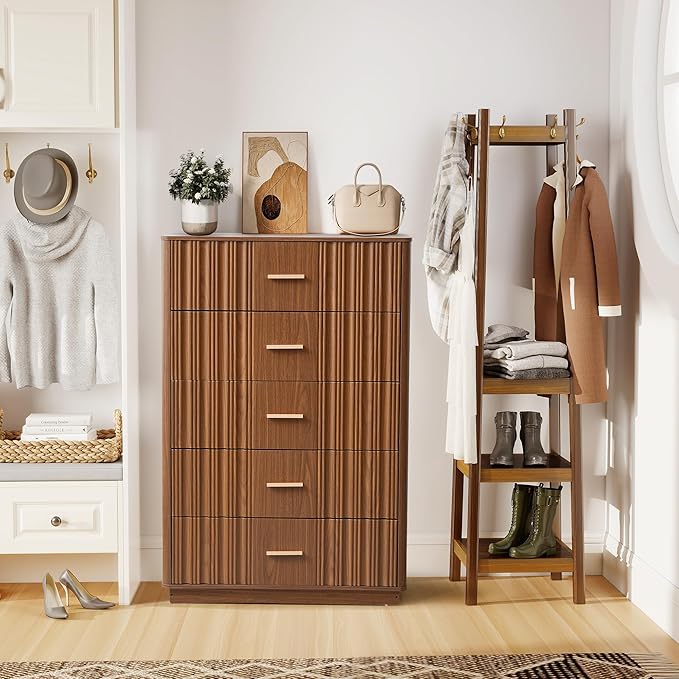 Fluted 5 Drawers Dresser for Bedroom, Wooden Tall Storage Dresser TV Stand, Curved Profile Modern Chest of Drawers, Wood Closet Clothes Storage Organizer for Living Room Hallway,Walnut 2 Sets
