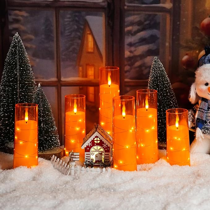 Flameless LED Candles with Timer 9 Pc Flickering Flameless Candles for Romantic Ambiance and Home Decoration Stable Acrylic Shell,with Embedded Star String，Battery Operated Candles（Orange）