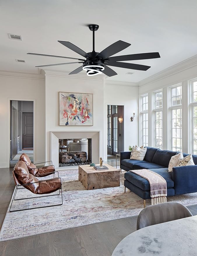 Black Ceiling Fans with Lights and Remote, 72 Inch Indoor/Outdoor Large Modern Ceiling Fan for Living Room Kitchen, Dimmable, 6 Speed Reversible DC Motor, Dual Finish