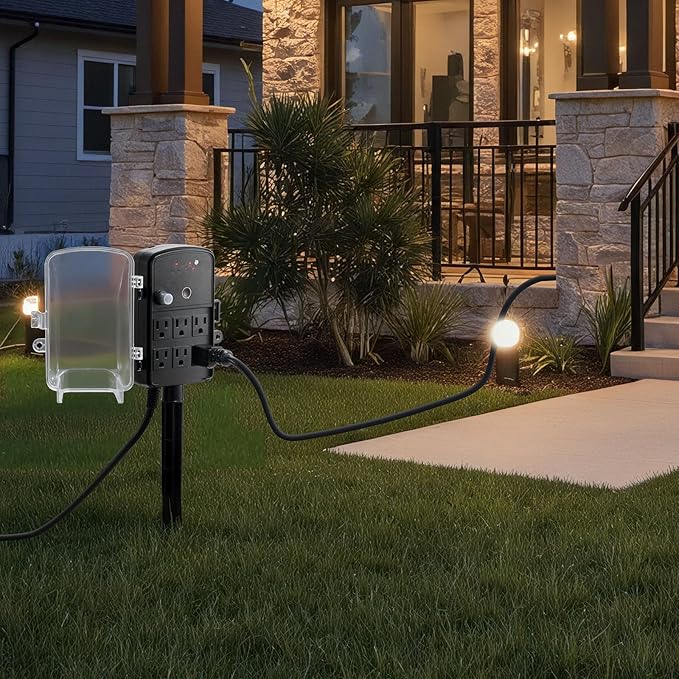 VEVOR Outdoor Power Stake Timer, 100FT Extension Cord, Remote Control Outdoor Power Strip with Cover, Dusk to Dawn Light Timer Waterproof, 6 Outlets for Halloween Christmas Lights, Garden Decorations