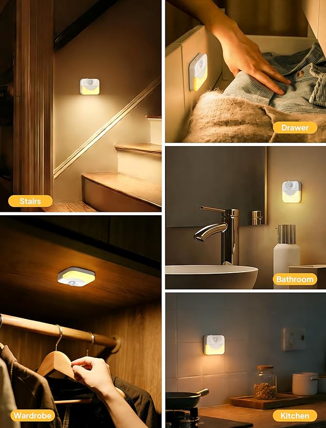 2 Pack Rechargeable Motion Sensor Stair Light for Indoor,Warm White LED Night Light,Wireless Stick on Anywhere Hallway Lamp,Motion Activated Lamps for Step, Cabinet, Hallway, Bathroom