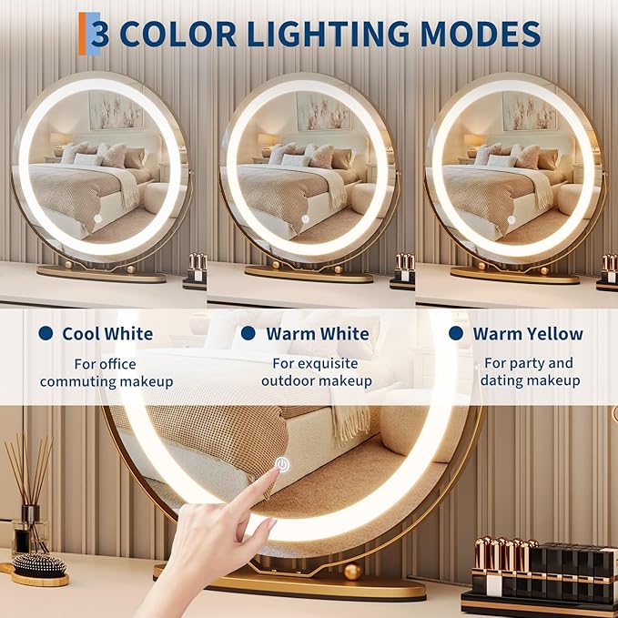 19" Round Vanity Mirror with Lights, Large Makeup Mirror with 3 Color Lighting Dimmable, Smart Touch Control, 360°Rotation Vanity Mirror for Bedroom, Dressing Room, Tabletop, Easy to Install, Gold