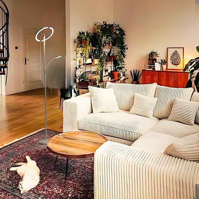 FIMEI Split Floor Lamp Modern LED Rotatable Floor Lamp with Reading Light, Eye-Protection Reading Standing Lamp with Stepless Dimming and 3000K-6000K Color, Separately Rotatable Design, Gray