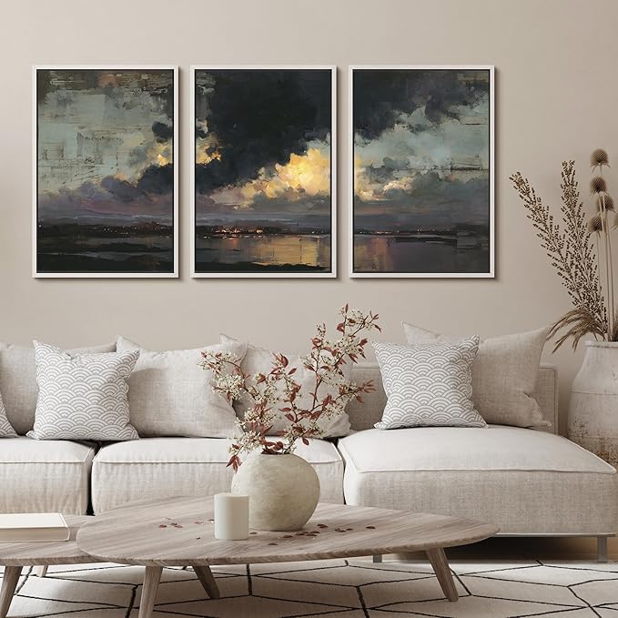 wall26 Framed Canvas Print Wall Art Set Moody Harbor Dusk with Storm Clouds Illustrations Modern Art Decorative Multicolor for Living Room, Bedroom, Office - 16"x24"x3 WHITE