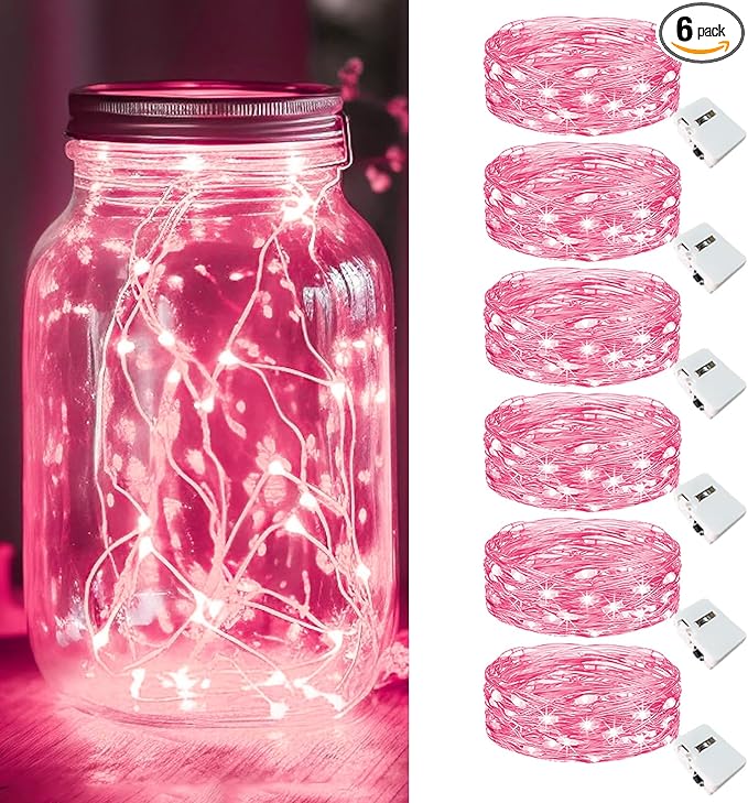 kolpop 6 Pack LED Fairy Lights Battery Operated, Mini Twinkle String Lights Battery Powered Waterproof for Christmas Mason Jars Party,Pink