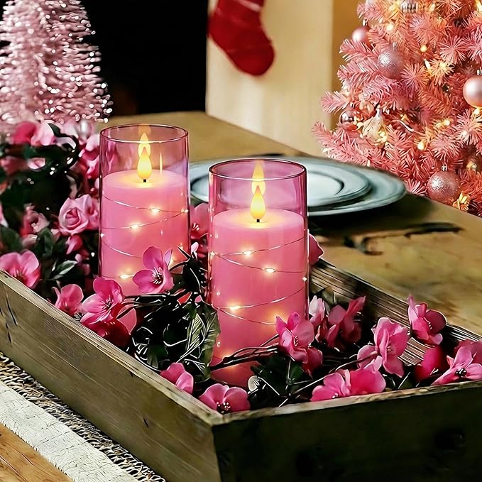 Homemory Flameless Candles with Embedded Star String Fairy Lights, Battery Operated Candles, LED Candle, Fake Candles with Remote Control and Timer, Pink, Set of 2(H 6" 6")
