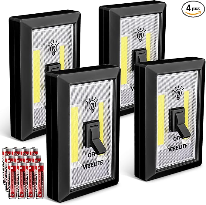 LED Night Light Switch, 12 Total Batteries Included, 200 Lumen Wireless COB LED Switch Light, Under Cabinet, Shelf, Closet, Garage, Kitchen, Stairwell and Emergency, Battery Operated, 4 Pack Black