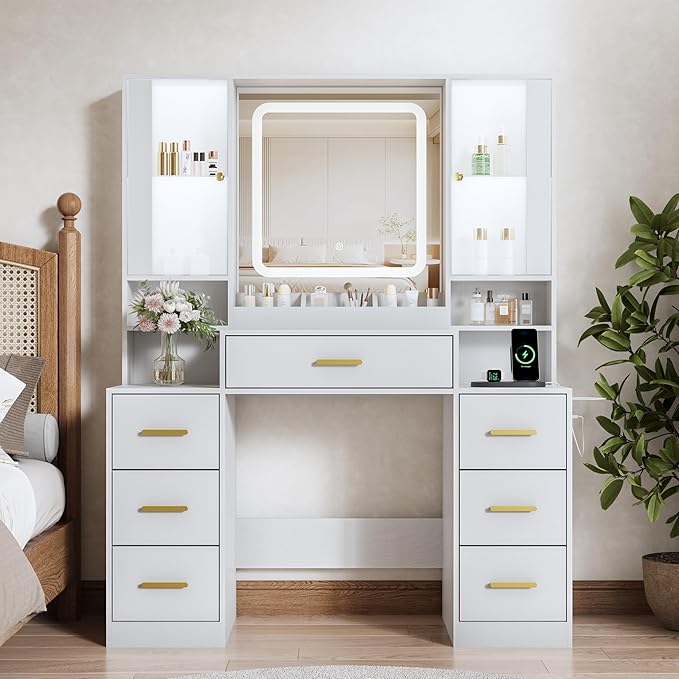 Vanity Desk with Mirror and Lights, Makeup Vanity with 7 Drawers, 2 Glass Door Cabinets, Charging Station, Adjustable Shelves, RGB Lighting, Hair Dryer Holder