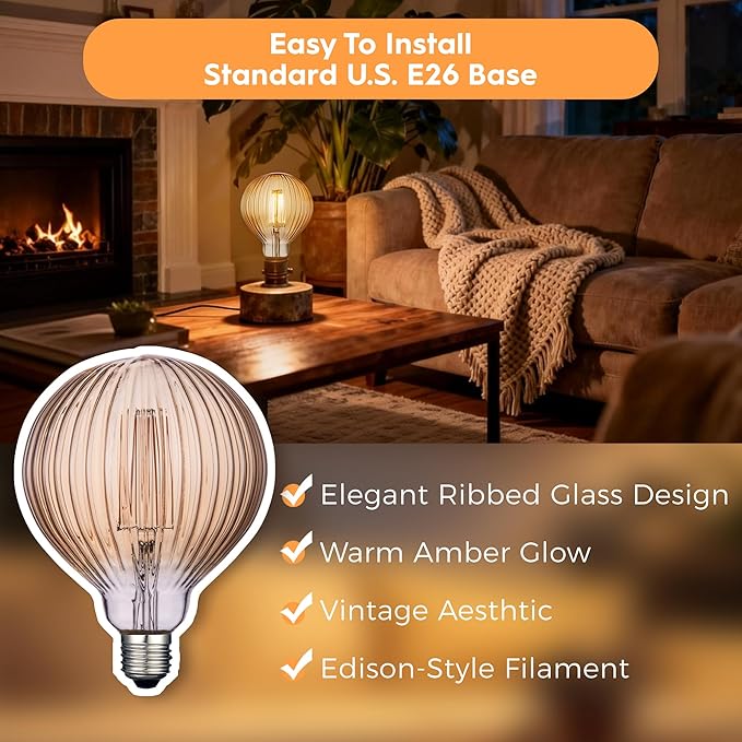 Light Bulbs, 4W Dimmable Decorative Large Unique Amber Globe G125 Edison LED Bulbs with Squirrel Cage Filament, E26 Medium Base, 2200K Warm Ambient Mood Lighting for Indoor Decoration, 4 Pack