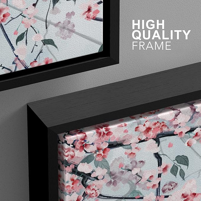 wall26 - 3 Panel Framed Canvas Wall Art - Ink Painting Style Pink Cherry Blossom on The Branch - Giclee Print Gallery Wrap Modern Home Art Ready to Hang - 24"x36"x3 Black
