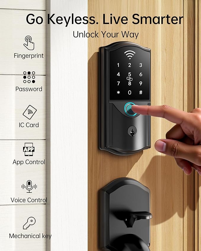 Built-in WiFi Smart Lock with Handle Set - Firstriver Fingerprint Keyless Entry Door Lock for Front Door, App Control, Digital Keypad Deadbolt, Auto Lock, Compatible with Alexa & Google Assistant