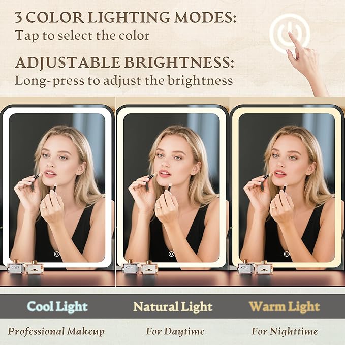 Makeup Vanity Desk with Mirror & Lights, Small Vanity Table Set for Girls with Chair & Power Outlet, Modern Dressing Table with 2 Drawers & 4 Storage Shelves, Adjustable RGB Lighting - Black