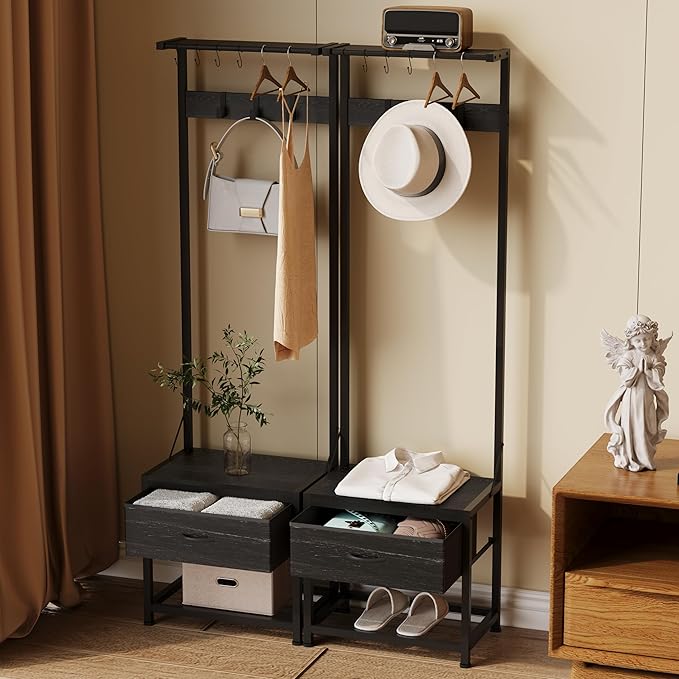 LUMTOK Hall Tree with Shoes Bench, Small Coat Rack with Fabirc Drawer and Shelf for Bedroom, 4-in-1 Entryway Organizer with Shoes Stool for Living Room, Entryway, Closets (Rustic Brown) (Black, Small)
