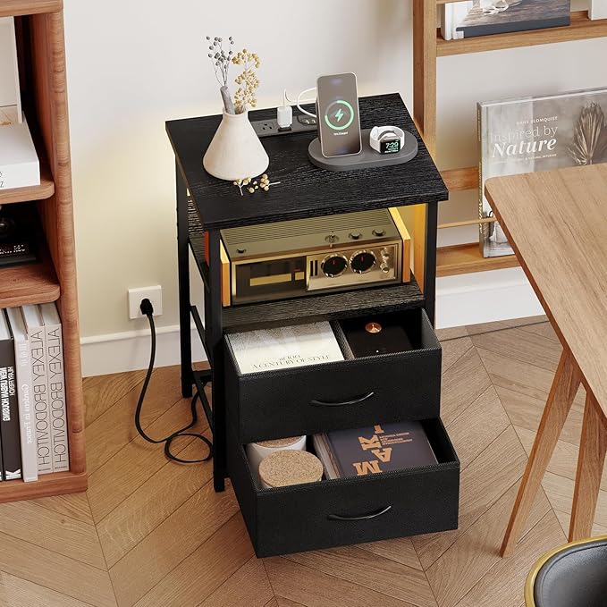 Fixwal Night Stand with Charging Station, LED Nightstand with U-S-B Ports and Outlets for Small Spaces, 2 Fabric Storage Drawers, Bedside Table End Tables Bedroom, Modern Black