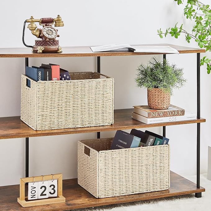 Vagusicc Wicker Storage Basket, Set of 2 Hand-Woven Paper Rope Wicker Basket, Small Storage Baskets for Organizing Toilet Paper Basket, Foldable Large Cube Storage Organizer Bins for Shelves (Beige)
