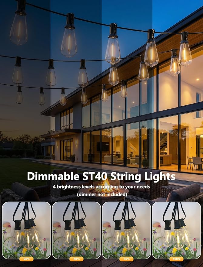 LED Outdoor String Lights for Patio 20Ft, Waterproof Patio String Lights with 22 ST40 LED Edison Bulbs for Deck, Garden, Backyard,House, Vintage String Lights Fit E17 Base, 2700K Dimmable