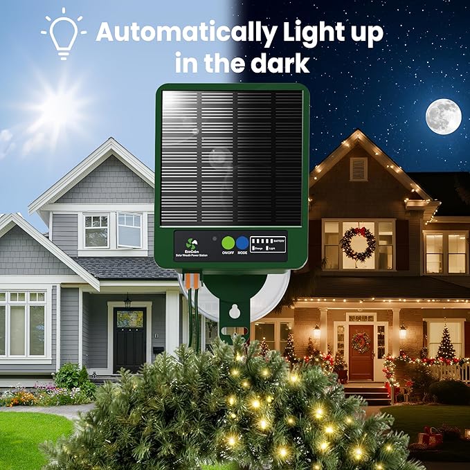 Solar Panel for Christmas Wreaths, Compatible with Battery/USB-Powered Wreath Lights, Features with Intelligent Dusk-to-Dawn Automation and 8 Lighting Modes