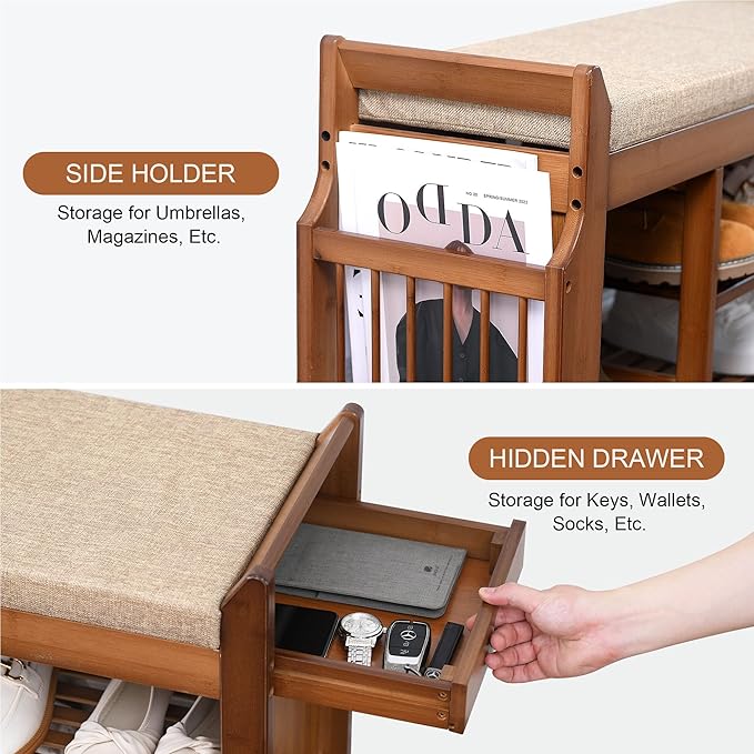 31.5" Shoe Bench with Coat Rack Hidden Drawer and Side Holder, 2 Tier Entryway Bench with Storage 39.4 in, Bamboo Shoe Rack with Cushion for Entryway Hallway Living Room Bedroom