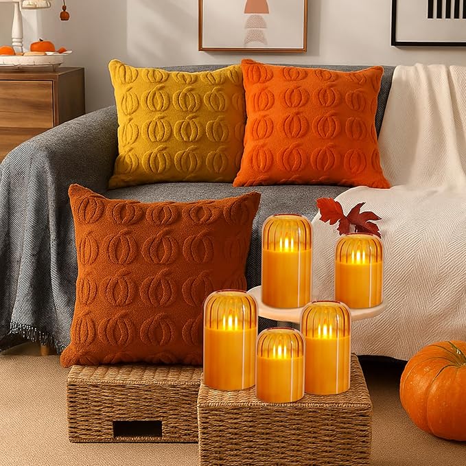 Lezonic Glass Flameless Candles Battery Operated with Remote, Dancing Flame LED Flickering Flameless Pillar Candles, Set of 4 Real Wax Fall Decorations for Home, H: 4" 4" 5" 5"(Pumpkin Orange)