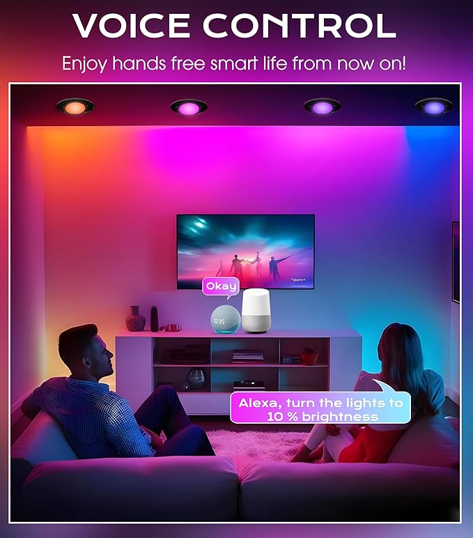 CLOUDY BAY [4 Pack] 6 inch Gimbal Smart WiFi LED Recessed Lights,RGBCW Color Changing,Compatible with Alexa and Google Home Assistant,No Hub Required,2700K-6500K,IC Rated,Black