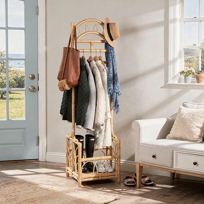 Kouboo Rattan Freestanding Coat Rack with Shoe Shelf, Coat Rack & Shoe Storage – Entryway Furniture with Hall Tree, Mudroom Organizer, Narrow Shoe Rack for Front Door, Light Brown