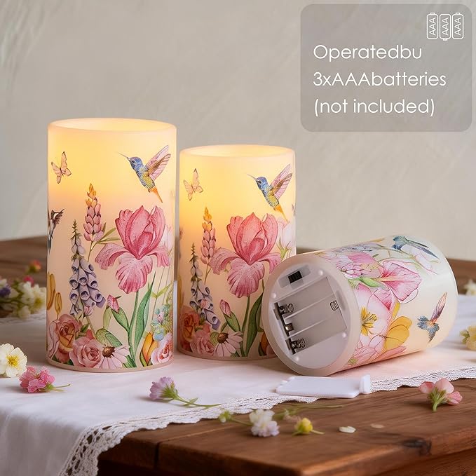 Flameless Candles with Remote, Battery Operated Candles Real Wax Hummingbird Flickering LED Candles Floral Christmas Decor Electric Pillar Candles Set of 3