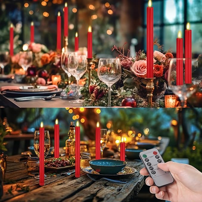 10 Pcs Flameless Taper Candles with Remote Battery Operated Taper Candles Include 6.5'' 7.7" 8.9" 10" 11.2" Fake LED Electric Candle Sticks for Valentine's Day Home Wedding Decor (Red)