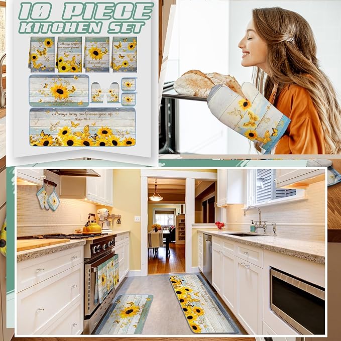 Fourluoo 10 Pcs Sunflower Kitchen Decor and Accessories Set Sunflower Kitchen Towels and Rugs Oven Mitts and Pot Holders for Cooking Baking Mom Housewarming Gifts