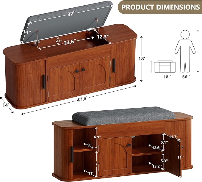47.2'' Entryway Shoe Storage Bench with Seat Cushion & Sliding Door, Shoe Rack with Lift-Top Hidden Storage & Adjustable Shelf, Bench for Bedroom End of Bed, Walnut
