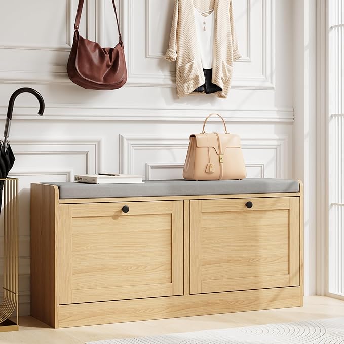 MHOM Oak Modern Entryway Bench with 2 Flip Drawers, Shoe Rack with Padded Seat Cushion, Wooden Storage Bench for Entryway and Hallway
