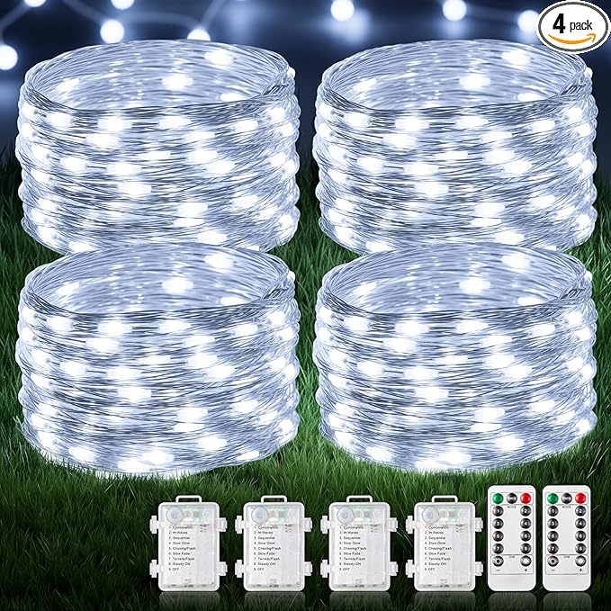 Led Fairy Lights Battery Operated, 4 Pack LED Outdoor String Lights, Mini Battery Powered Copper Wire Starry Fairy Lights for Bedroom, Christmas, Parties, Wedding, Centerpiece (White)
