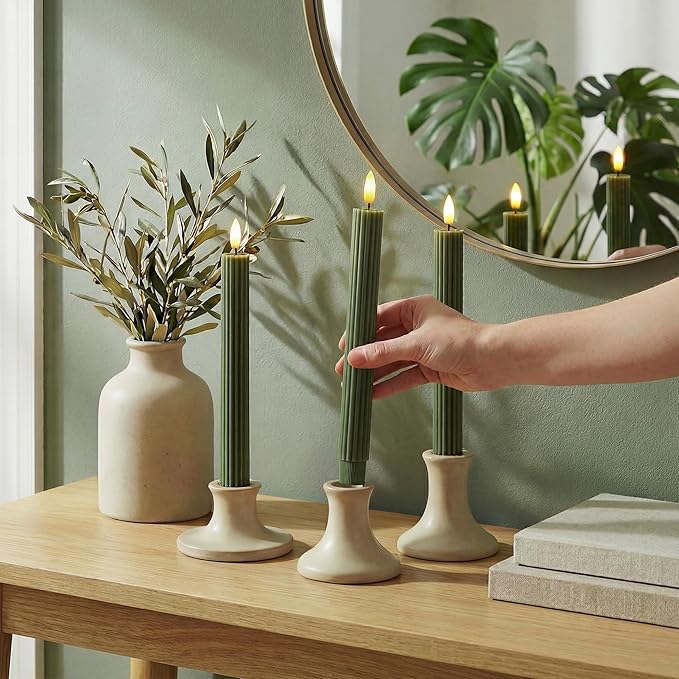 WYZworks 10" Fluted Ribbed LED Loden Green Grooved Pillar Candles, Remote & 24h Timer Memory, On/Off Switch - Flameless Dimmable Battery Operated w/Flicker Mode, Home Wedding Decor (6 Pack)