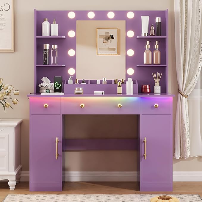 Vanity Desk with Mirror and Lights, Makeup Vanity with Mirror and LED Lights & Power Outlet, 3 Drawers and Cabinets, 3 Lighting Modes Dressing Table Set for Girls Women Bedroom,Purple