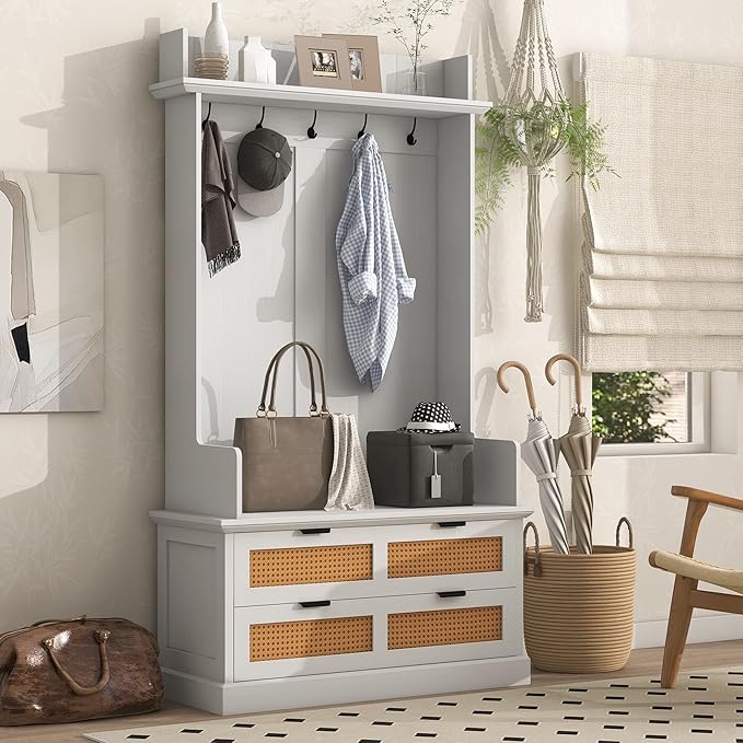 RUNNA Wooden Hall Tree with 5 Metal Hooks and 2 Large Drawers,Organizer with Bench,Top Shelves and Metal Handles,For Hallway Entryway Mudroom Use (White@Hooks)