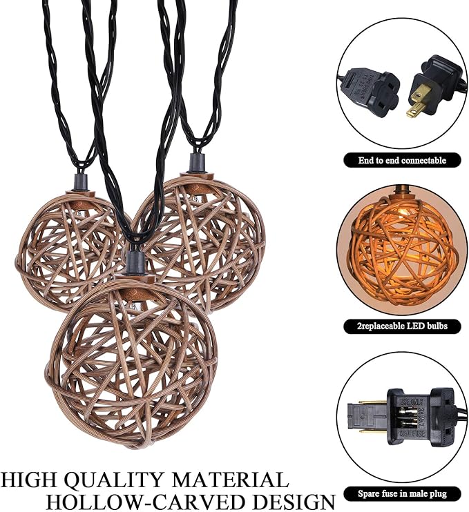 Vigdur Rattan Ball String Lights, Boho Lantern String Lights with 10 Led Bulbs Connectable, Indoor Outdoor String Light for Bedroom Wedding Garden Party Backyard Decor, 9.84FT