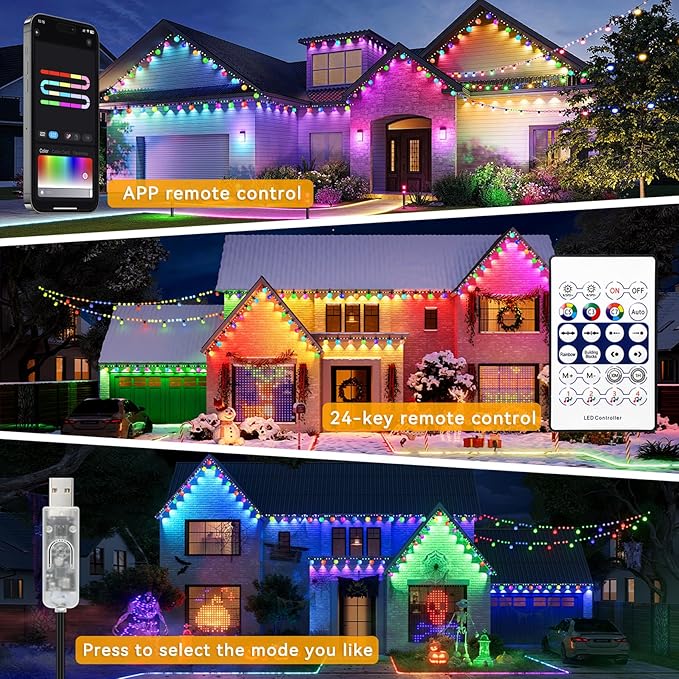 Smart Outdoor String Lights, 65.6Ft RGBIC Color Changing LED Patio Light IP67 Waterproof with 26 G40 Bulbs,App Control,Remote,Music Sync Outdoor Hanging Lights USB Plug-in for Garden Yard Camper Party