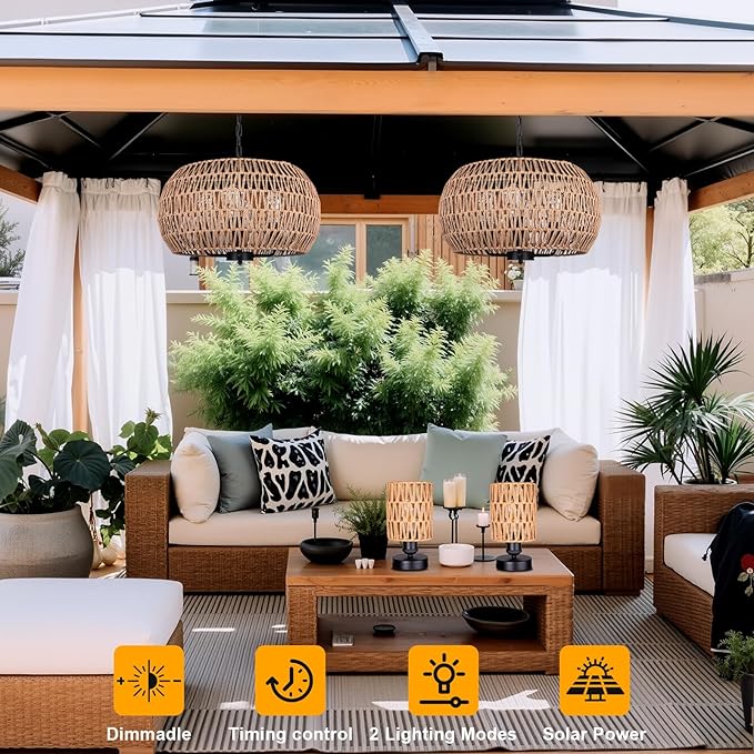 Outdoor Solar Chandelier, 4-Light 19" Rattan Outdoor Chandelier, Hanging Pendant Lights, Waterproof, for Gazebo, Pergola, Porch, Patio