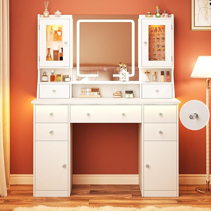 Vanity Desk with LED Mirror & RGB Lights, Large Makeup Vanity with 7 Drawers & 2 RGB Cabinets, White Vanity Table with Power Outlet, 3 Colors Lighting Adjustable Brightness for Bedroom, White