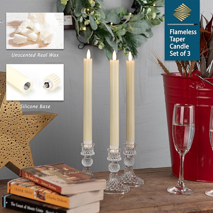 Flameless Taper Candles with Remote, Real Wax Battery Operated LED Candles with 3D Flickering Flame, 9.6" 3PCS Ivory Realistic Dripless Candlesticks for Home Wedding Decor, Mother's Day Gifts
