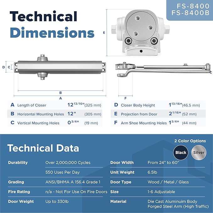 FORTSTRONG Commercial Door Closer - FS-8400 - Heavy Duty Adjustable Grade 1 Standard Automatic Door Closing Hinge - ADA Compliant - Hold Open Function