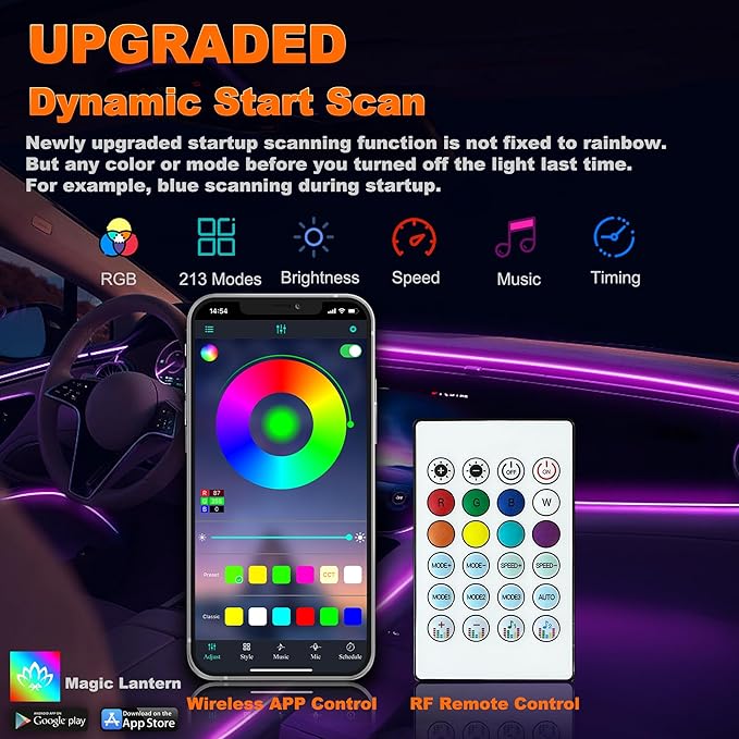 Car LED Strip Lights, Interior Acrylic LED Lights for Car with Dynamic Rainbow Dream Color Chasing, Ambient Lighting Kits Music Sync (8 in 1(6 * 29.5+43.3+14.5 inches))