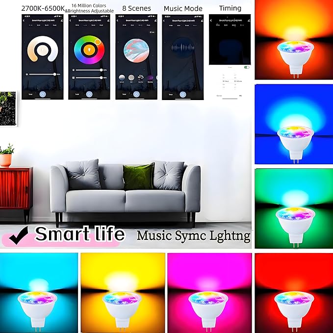 Smart MR16 LED Bulb Dimmable Color Changing, 12V Gu5.3 Bi-pin Base, WiFi & Bluetooth LED Bulbs Work with Alexa Google, Color Changing Sync with Music, for Living Room, Bedroom, Office,Hotel etc. 2Pack