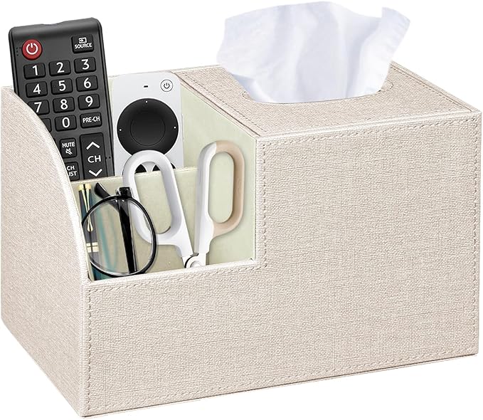 Fanousy Square Tissue Box Cover with Storage, PU Leather Cube Tissue Box Holder, Remote Control Nightstand Organizer, Modern Desk Caddy for End Table, Bathroom, Bedroom, Home, Office Decor