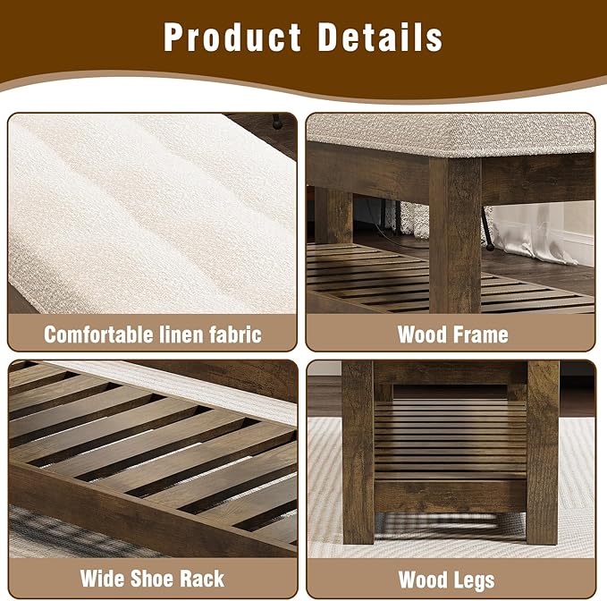 Large Upholstered Ottoman Bench Entryway Storage Benches Tufted Linen Ottoman Bench with Wood Shelf Padded End of Bed Bench for Bedroom Living Room Hallway Decor