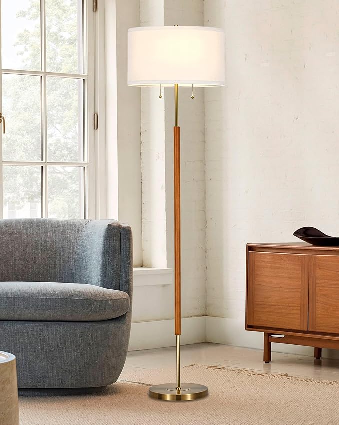ELYONA 2-Light Wood Floor Lamp for Bedroom Mid Century Modern Standing Lamp 3 Color Temperatures 9W LED Bulbs Include White Fabric Shade Tall Pole Corner Light for Living Room Office, Brushed Brass