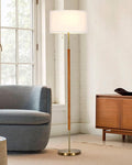 ELYONA 2-Light Wood Floor Lamp for Bedroom Mid Century Modern Standing Lamp 3 Color Temperatures 9W LED Bulbs Include White Fabric Shade Tall Pole Corner Light for Living Room Office, Brushed Brass