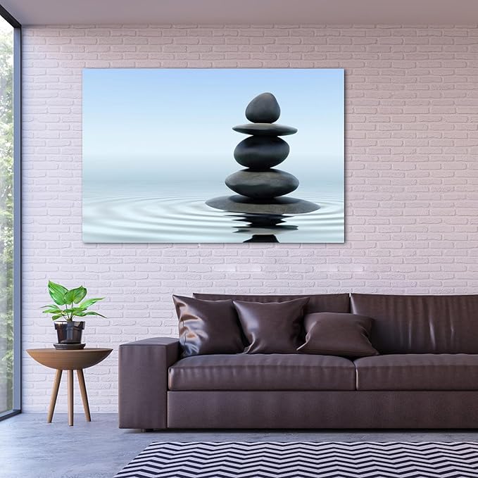 Zen Wall Art Decor, Modern Bathroom Zen Decor Wall Art, Large Zen Relaxing Canvas Wall Art for Spa Room Decor, Black Pebble and Waves Tranquil Zen Art Prints for Office & Spa Wall Decor 32x48 Inches